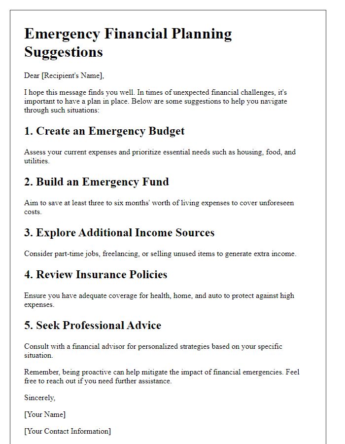 Letter template of emergency financial planning suggestions.