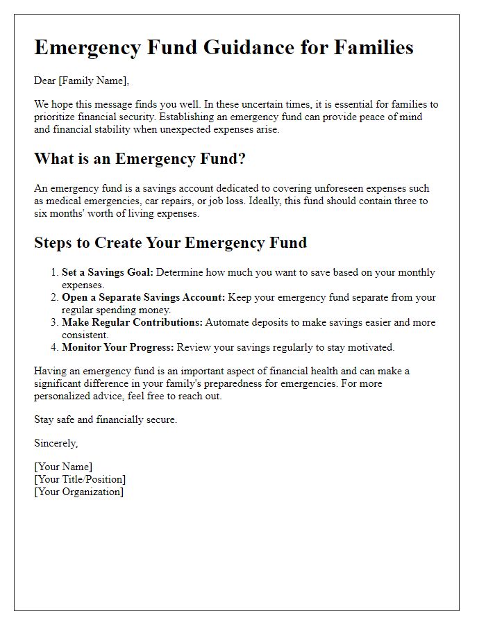 Letter template of emergency fund advice for families.