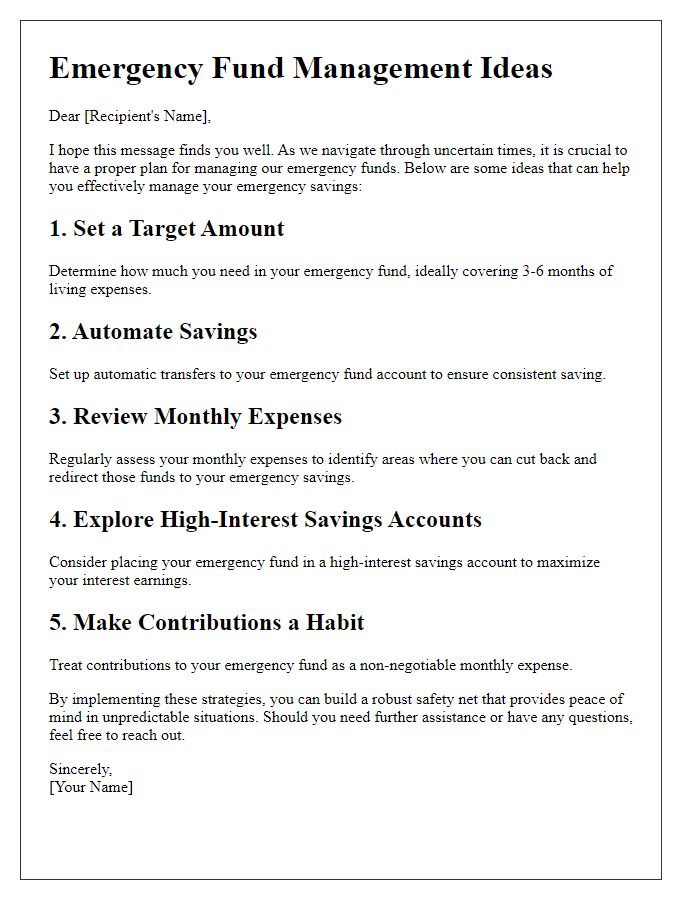 Letter template of emergency fund management ideas.