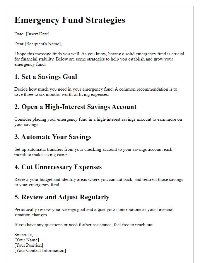 Letter template of emergency fund strategies.