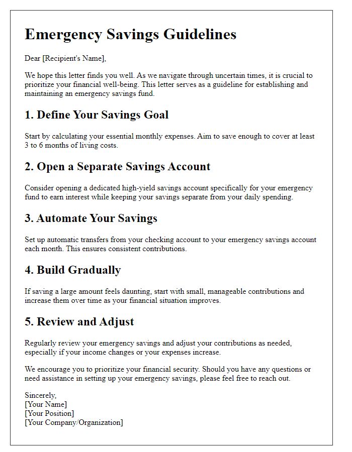 Letter template of emergency savings guidelines.