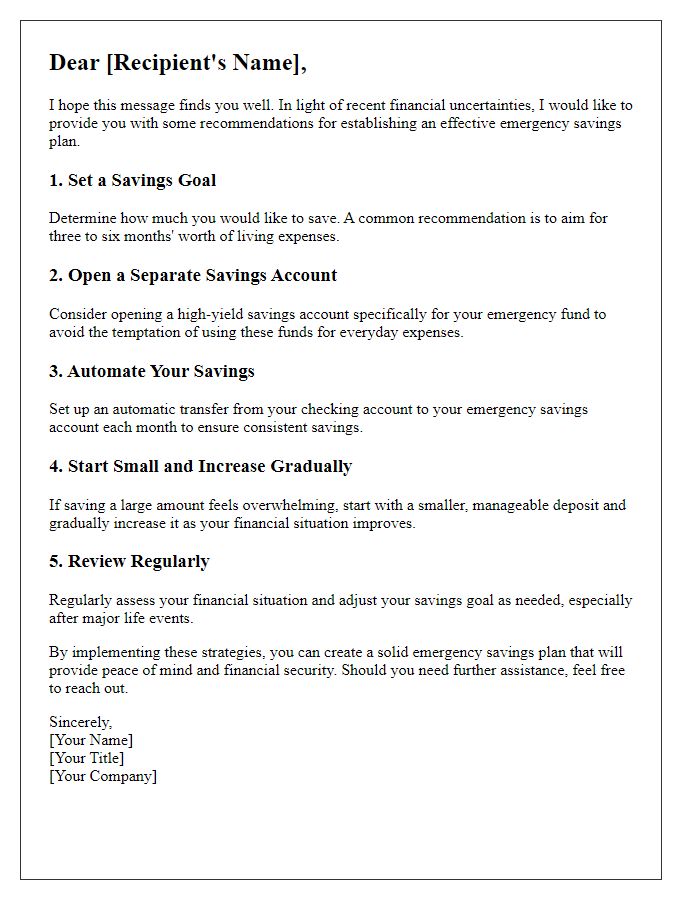 Letter template of emergency savings plan recommendations.