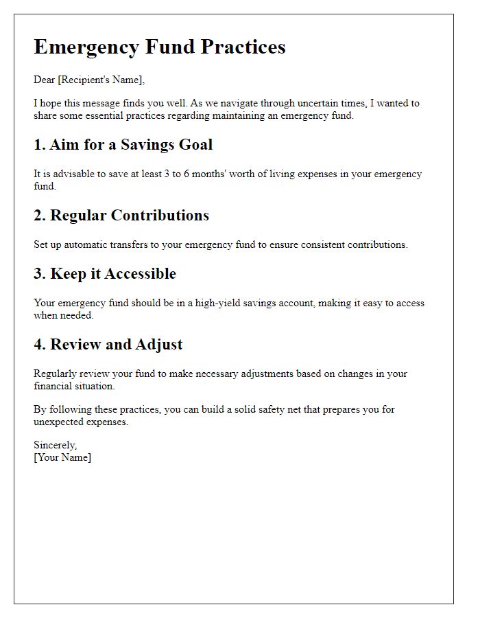 Letter template of essential emergency fund practices.