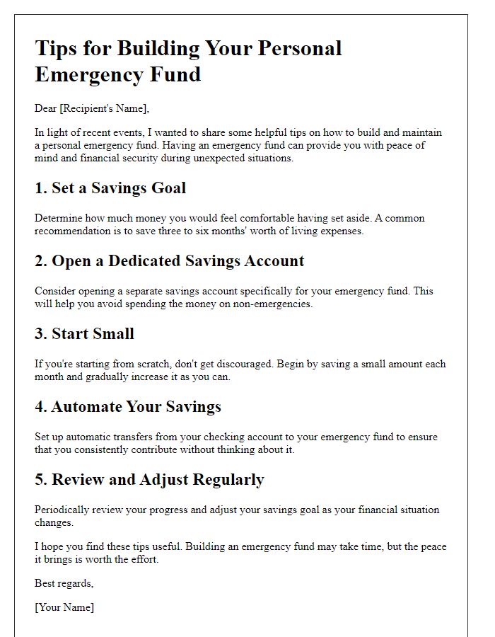 Letter template of personal emergency fund tips.