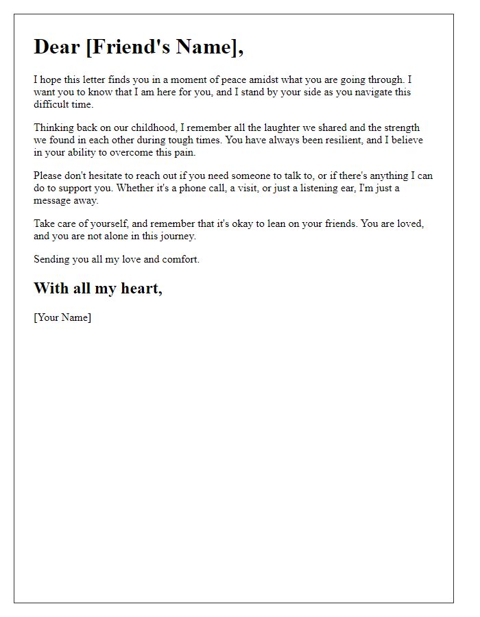 Letter template of comfort for a childhood friend experiencing pain.