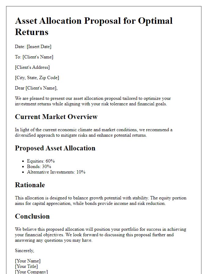 Letter template of asset allocation proposal for optimal returns