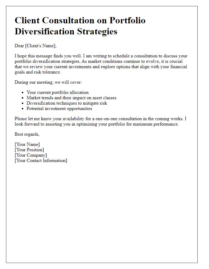 Letter template of client consultation on portfolio diversification strategies