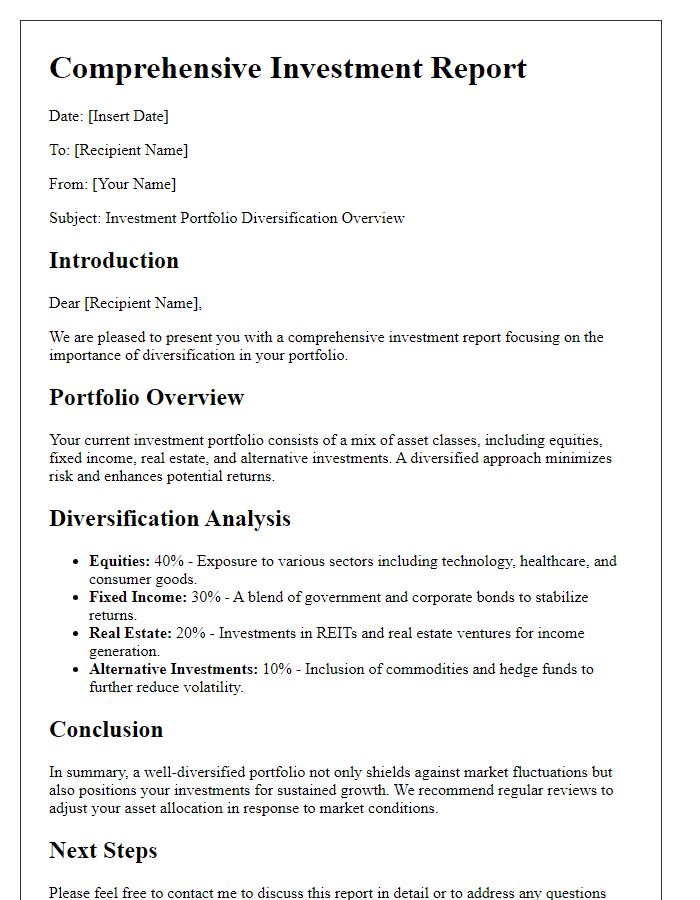 Letter template of comprehensive investment report emphasizing diversification