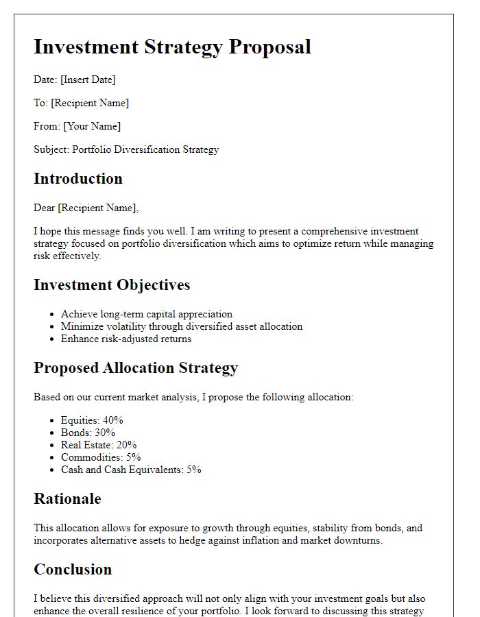 Letter template of investment strategy for portfolio diversification