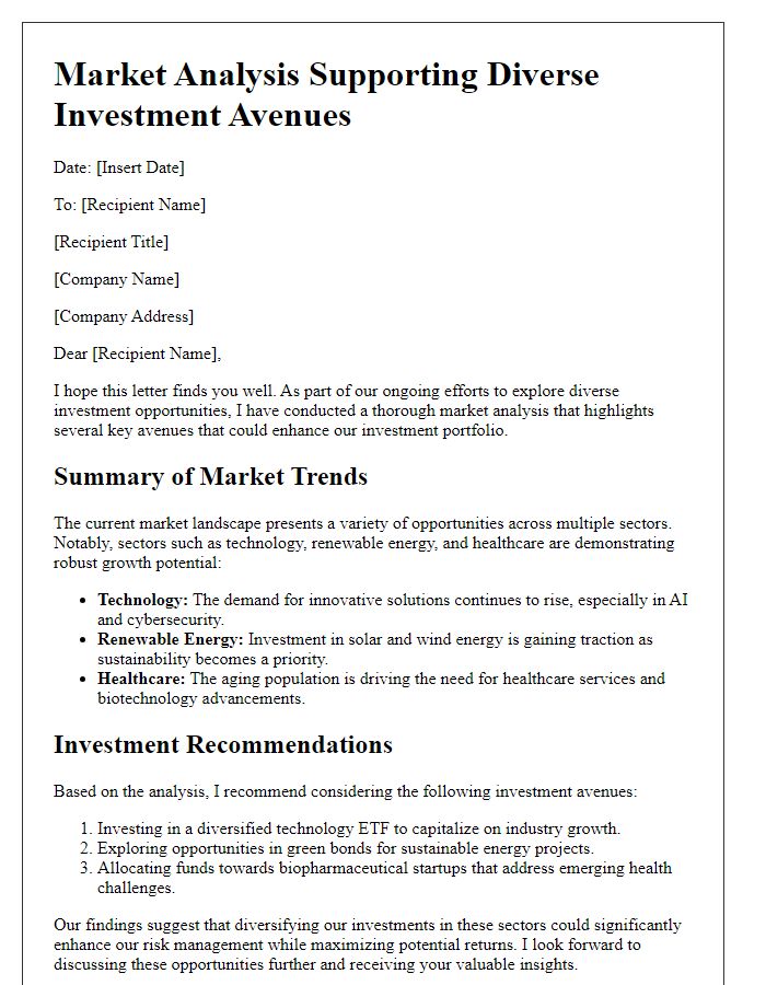 Letter template of market analysis supporting diverse investment avenues