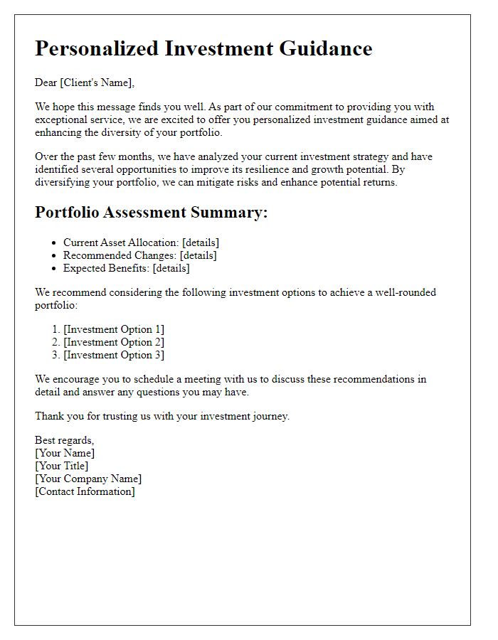 Letter template of personalized investment guidance toward portfolio diversity