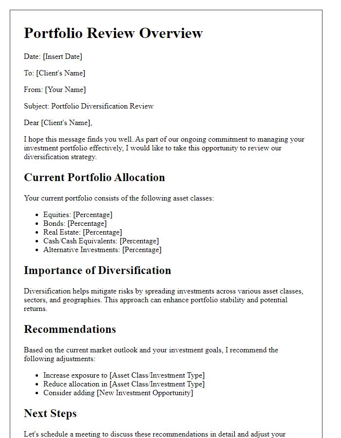 Letter template of portfolio review focused on diversification