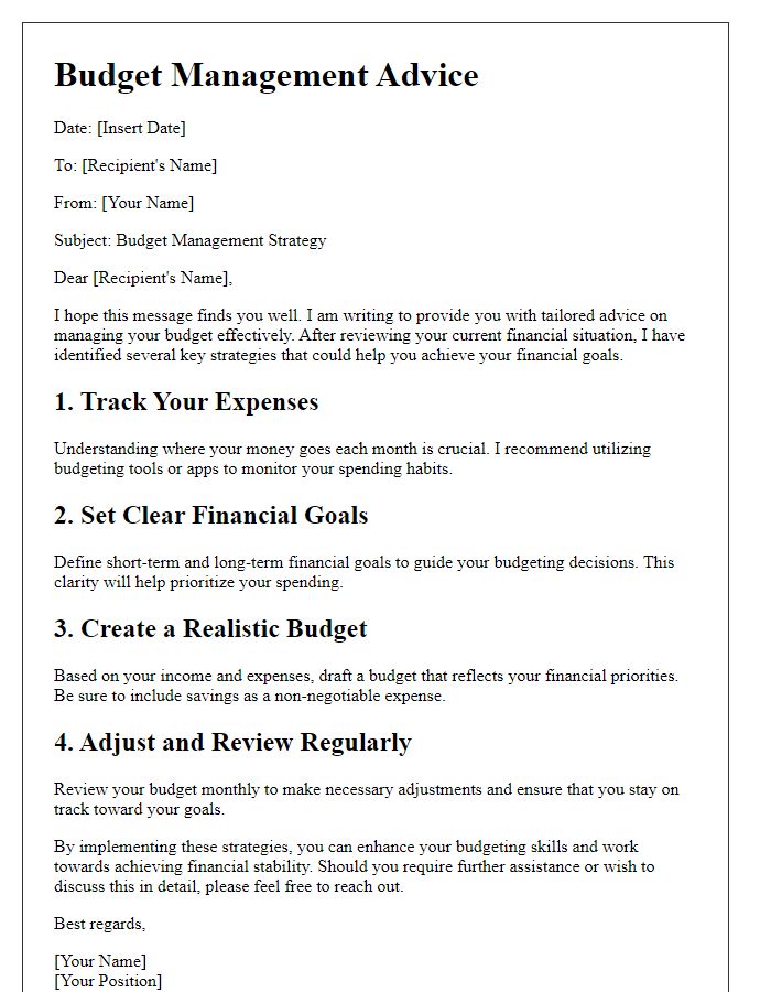 Letter template of specific budget management advice