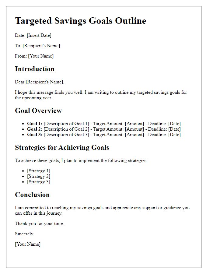 Letter template of targeted savings goals outline