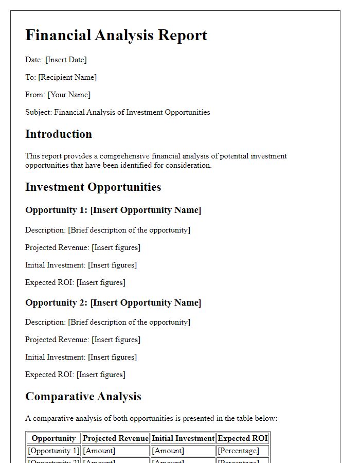 Letter template of financial analysis for investment opportunities