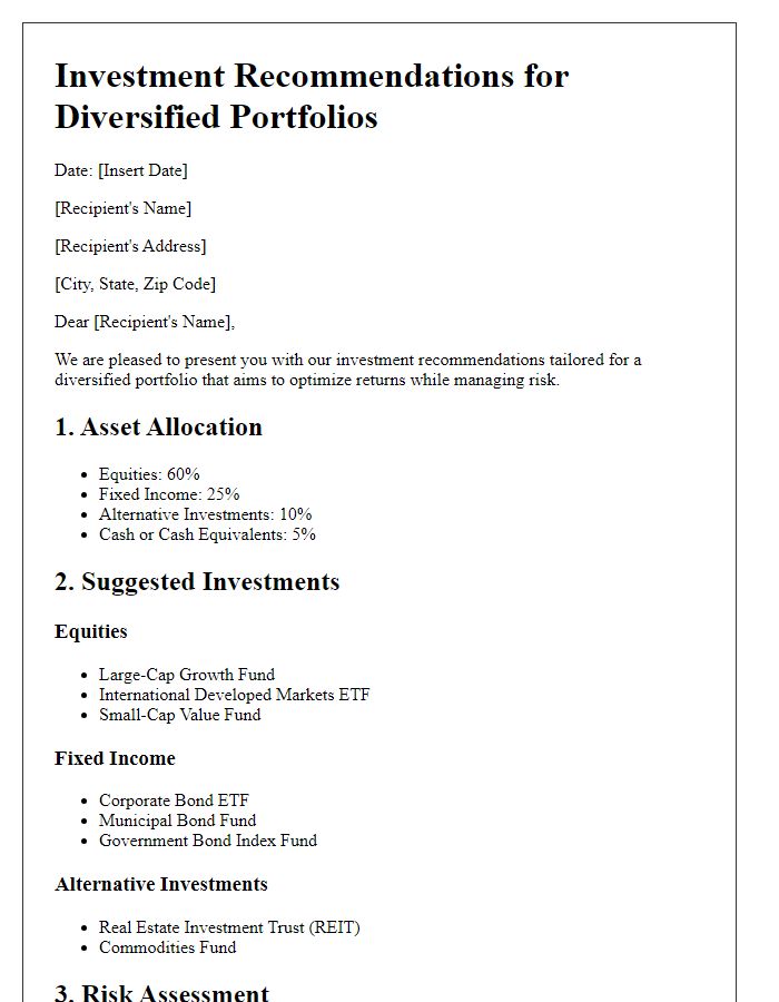 Letter template of investment recommendations for diversified portfolios