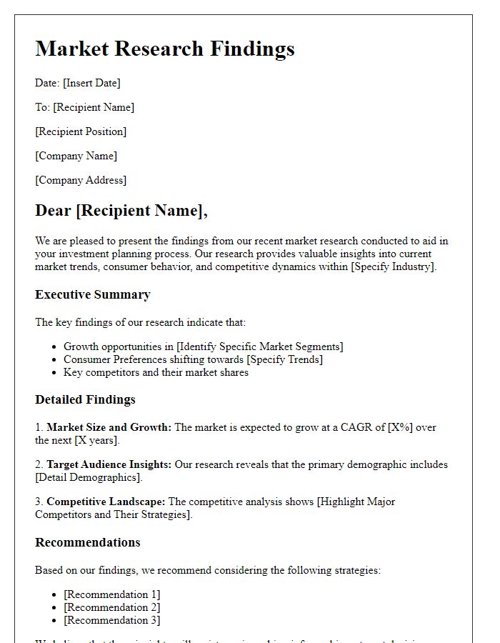 Letter template of market research findings for investment planning