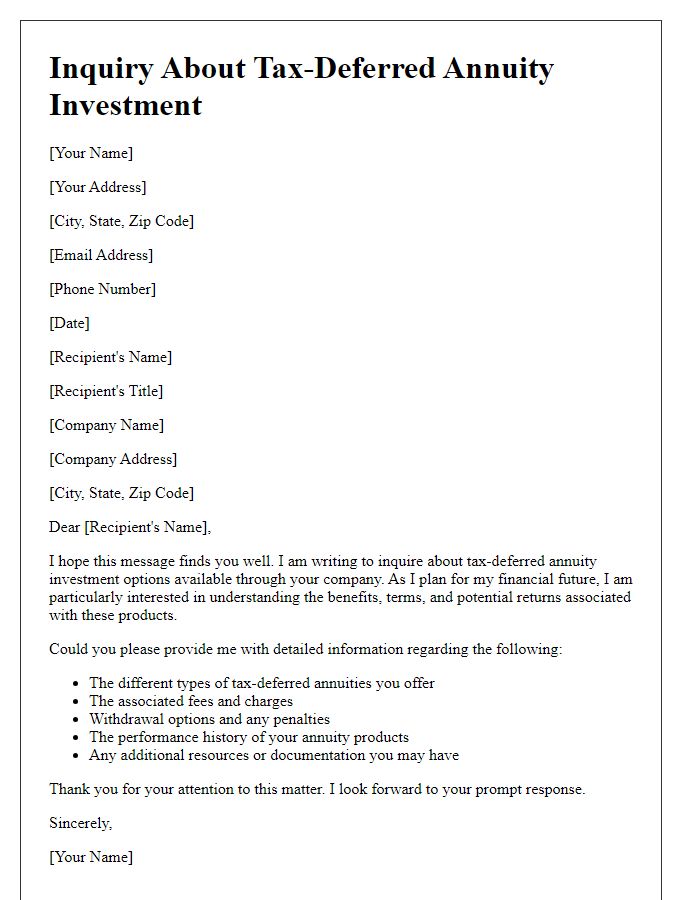 Letter template of tax-deferred annuity investment inquiry