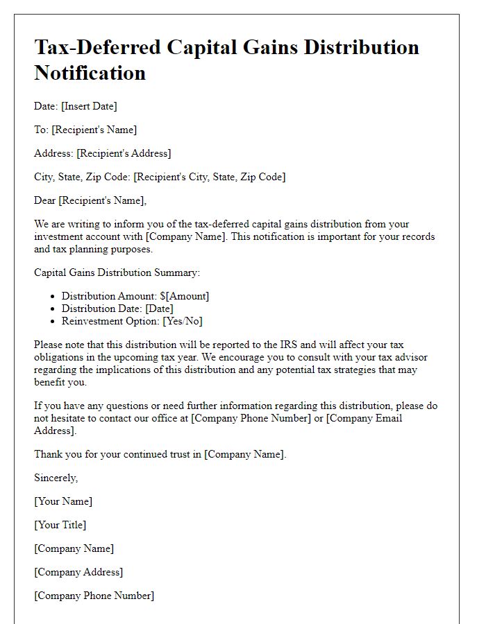 Letter template of tax-deferred capital gains distribution notification