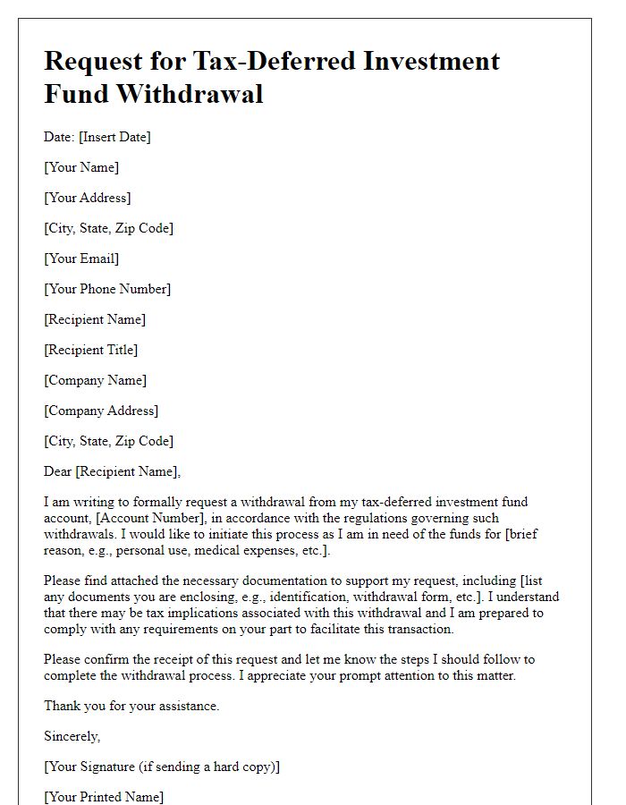 Letter template of tax-deferred investment fund withdrawal