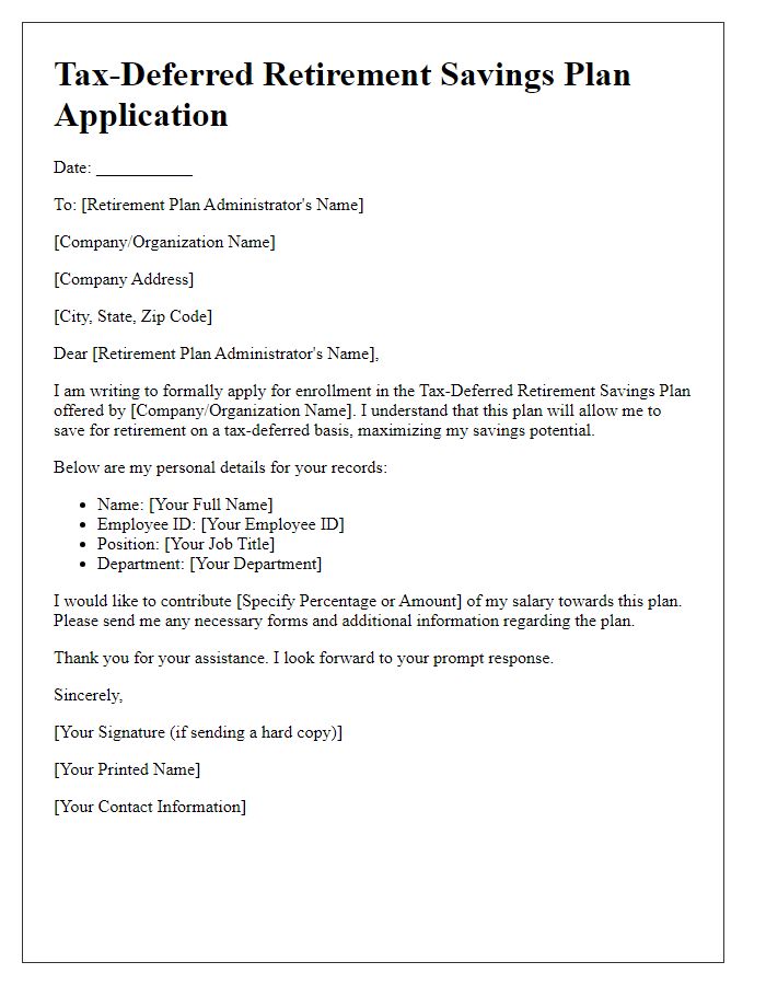 Letter template of tax-deferred retirement savings plan application