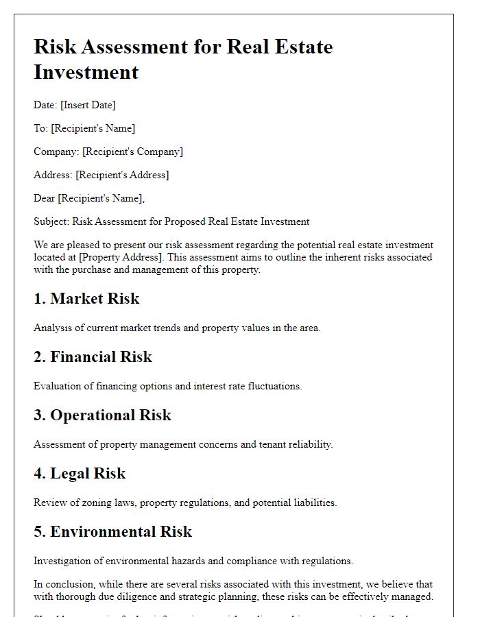 Letter template of risk assessment in real estate investment