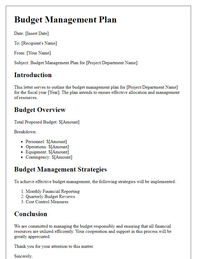 Letter template of budget management plan.