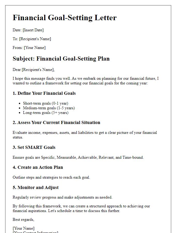 Letter template of financial goal-setting framework.