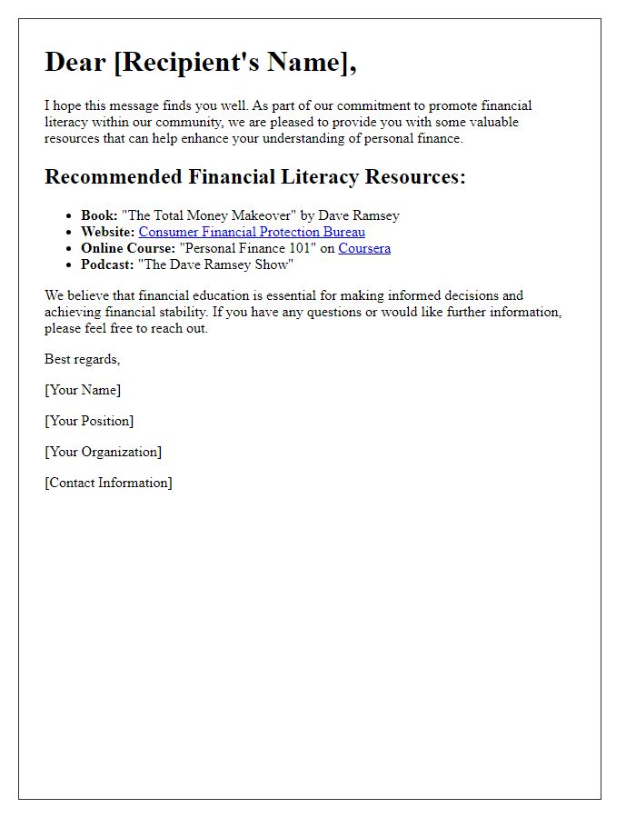 Letter template of financial literacy resources.