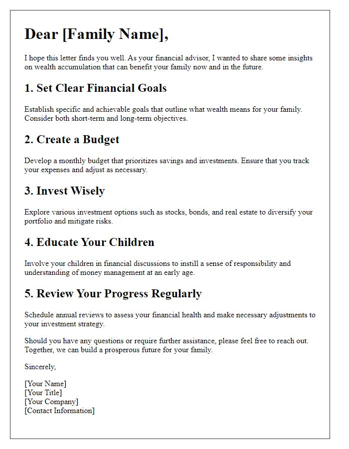 Letter template of wealth accumulation advice for families