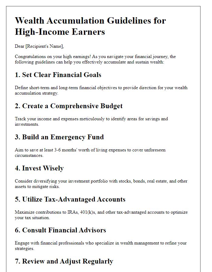 Letter template of wealth accumulation guidelines for high-income earners