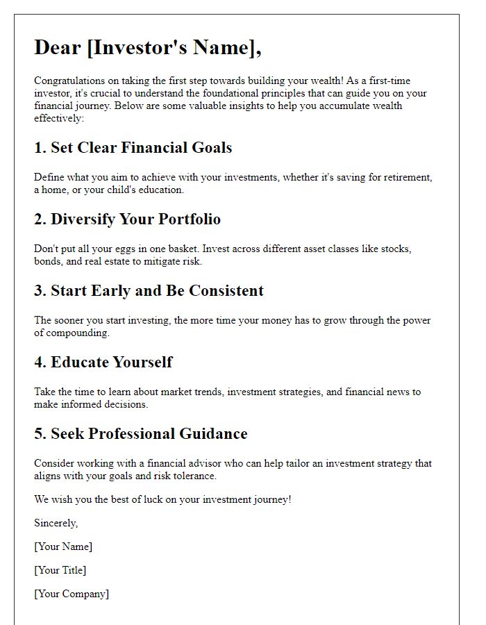 Letter template of wealth accumulation insights for first-time investors