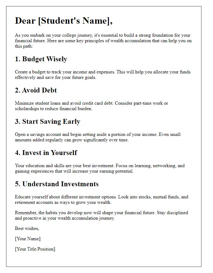 Letter template of wealth accumulation principles for college students