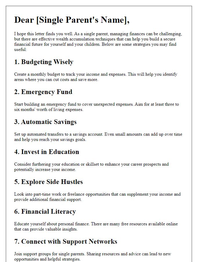 Letter template of wealth accumulation techniques for single parents