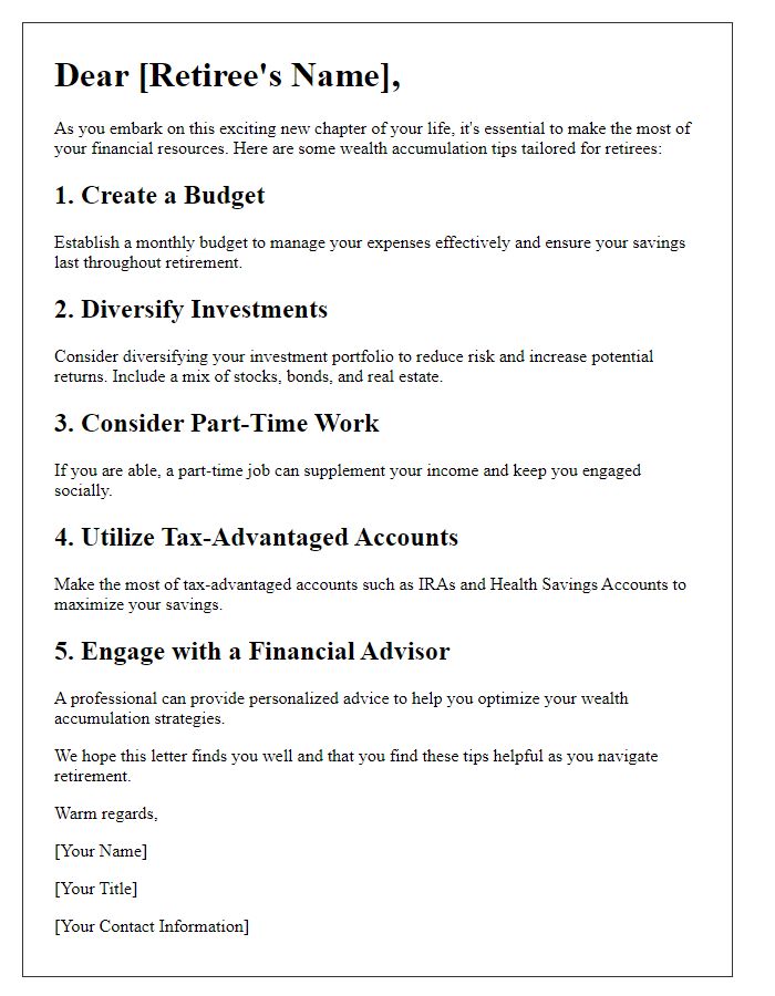 Letter template of wealth accumulation tips for retirees