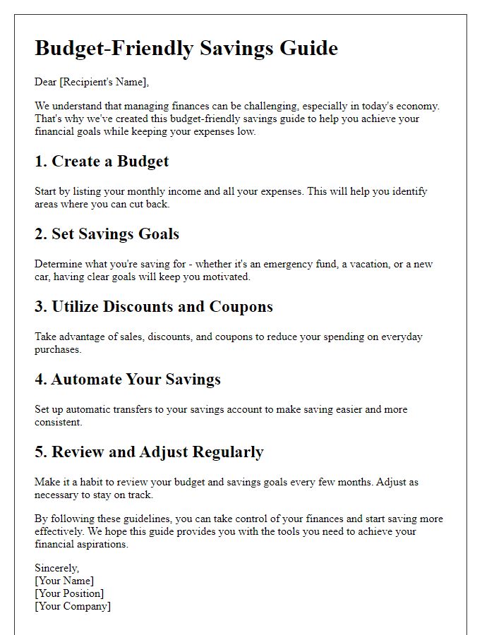 Letter template of budget-friendly savings guide