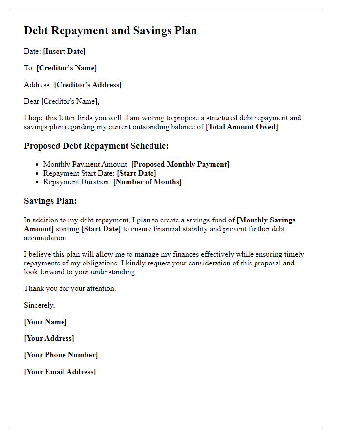 Letter template of debt repayment and savings plan