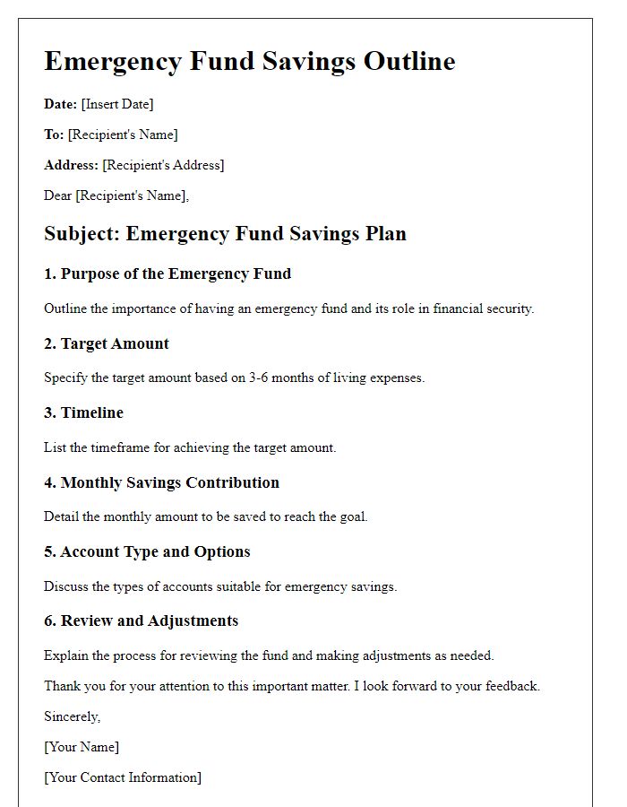 Letter template of emergency fund savings outline