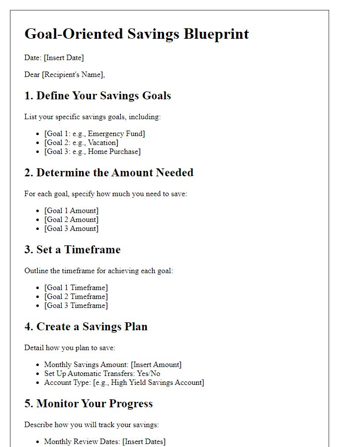 Letter template of goal-oriented savings blueprint