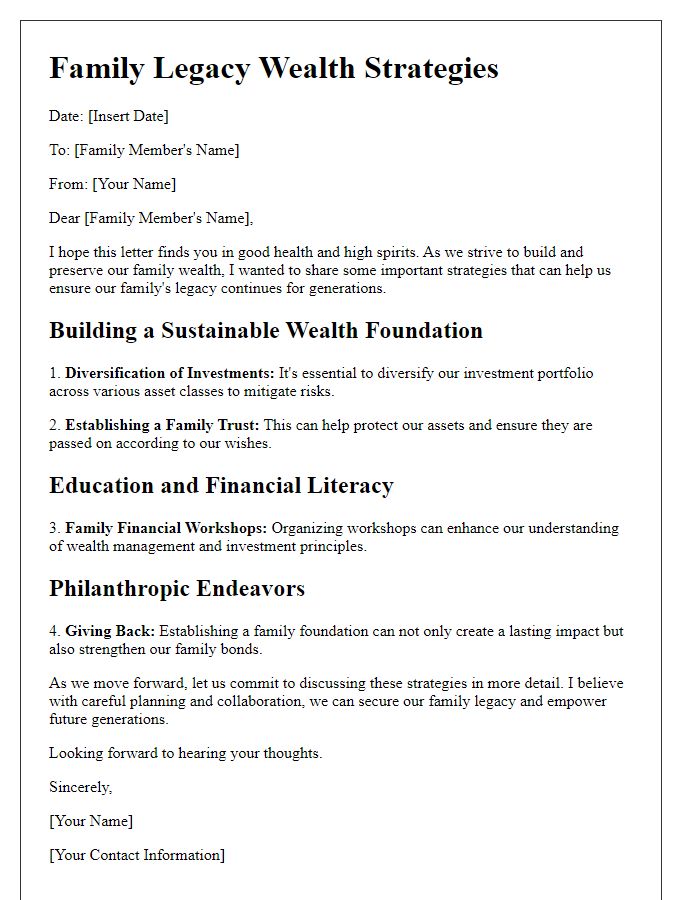 Letter template of family legacy wealth strategies