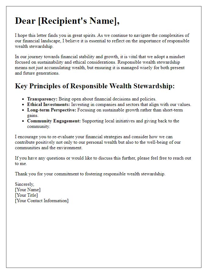 Letter template of fostering responsible wealth stewardship