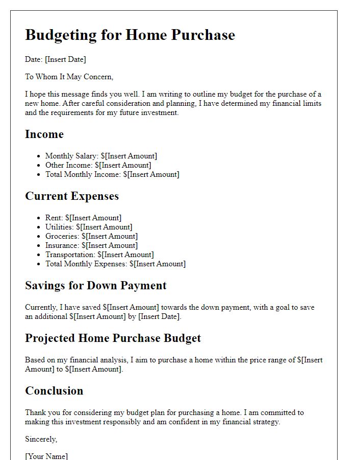 Letter template of budgeting for home purchase