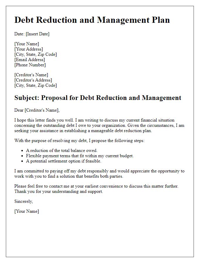 Letter template of debt reduction and management