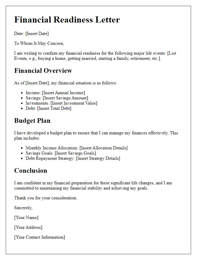 Letter template of financial readiness for major life events