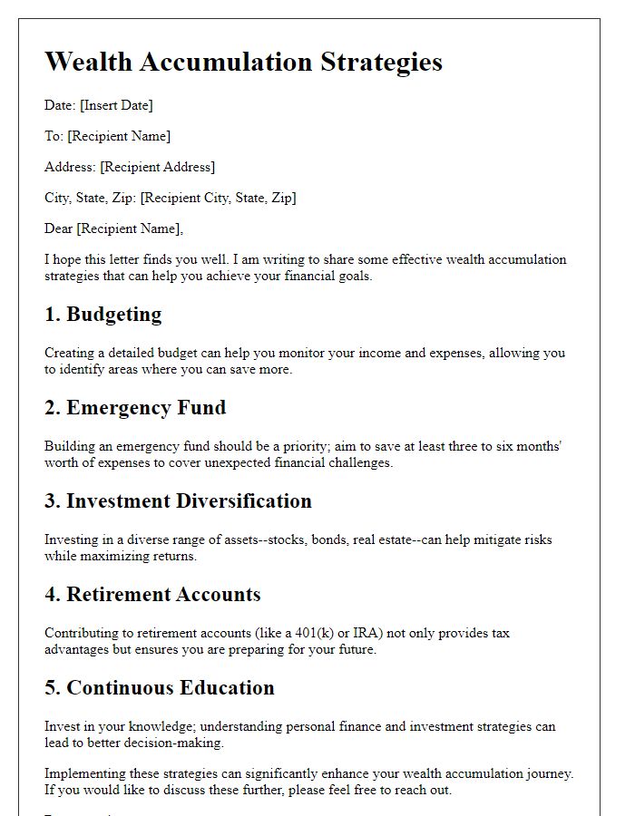 Letter template of wealth accumulation strategies