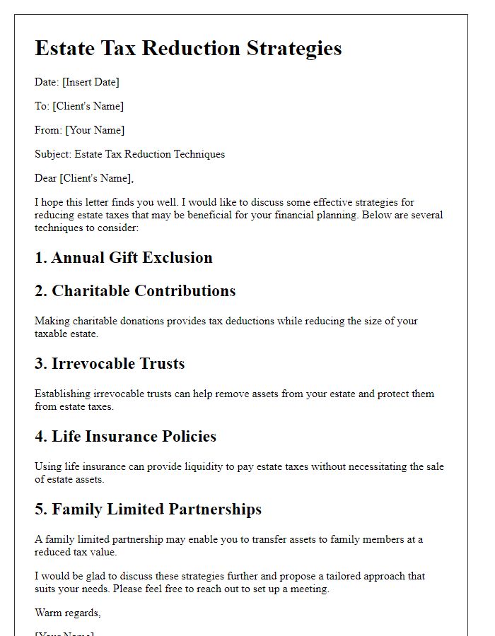 Letter template of estate tax reduction techniques