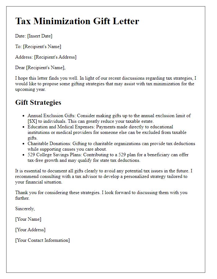 Letter template of gifting strategies for tax minimization