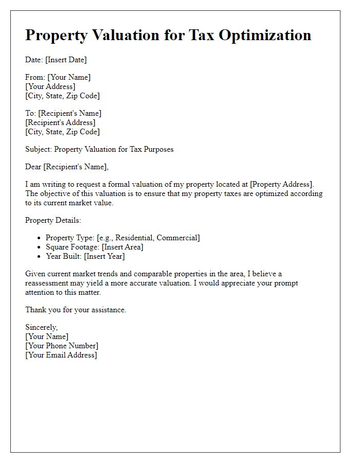 Letter template of property valuation for tax optimization