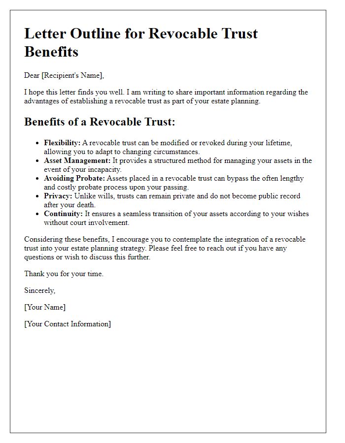 Letter template of revocable trust benefits for estates