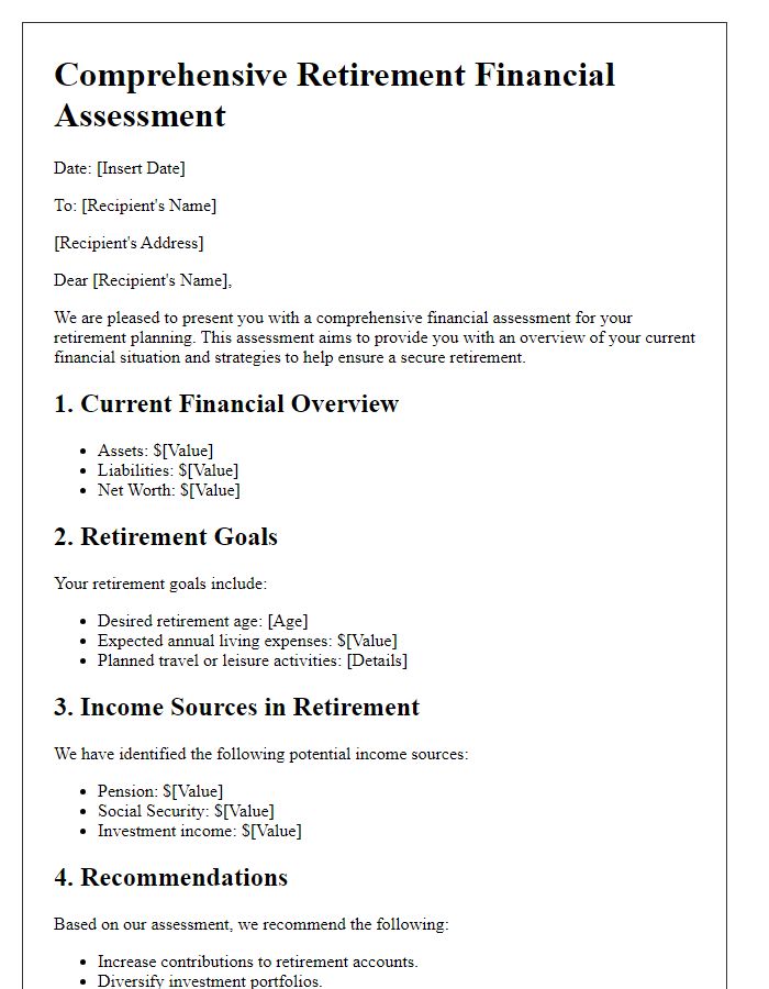 Letter template of comprehensive retirement financial assessment